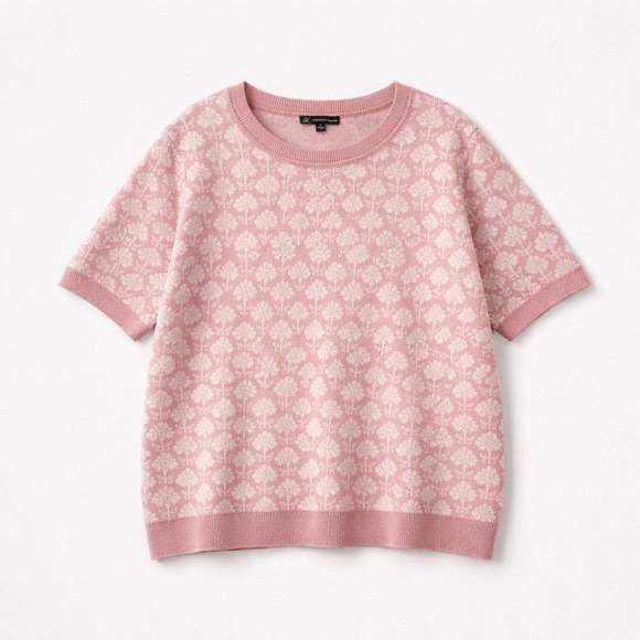 Adrianna Papell Sweaters - Adrianna Papell Pink Floral Pattern Retro Short Sleeve Knit Top Women's Size L